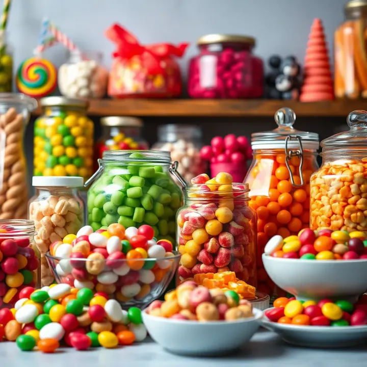 Assortment of colorful candies displayed in jars and bowls representing a variety of confectionery products