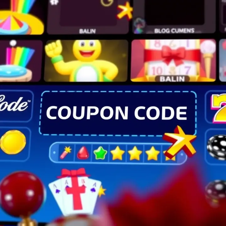 Digital coupon code on a screen with casino-themed icons illustrating online deal redemption