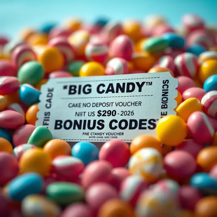 Colorful candy treats surrounding a promotional voucher with bonus code text