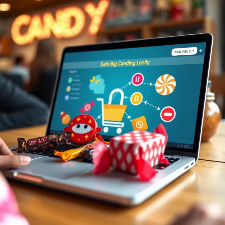 Conceptual illustration showing online shopping with a laptop featuring candy items and secure payment symbols