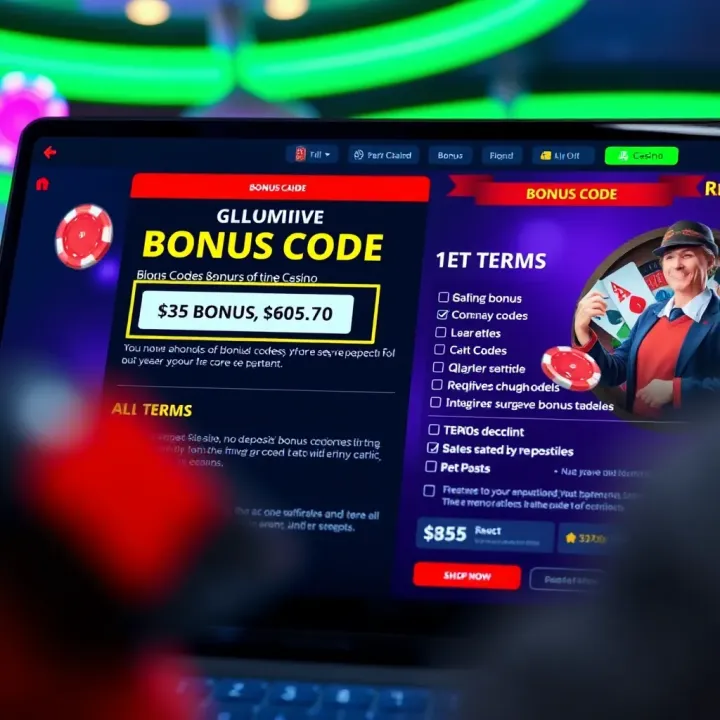 Graphic showing an online casino interface with highlighted bonus code entry and terms checklist
