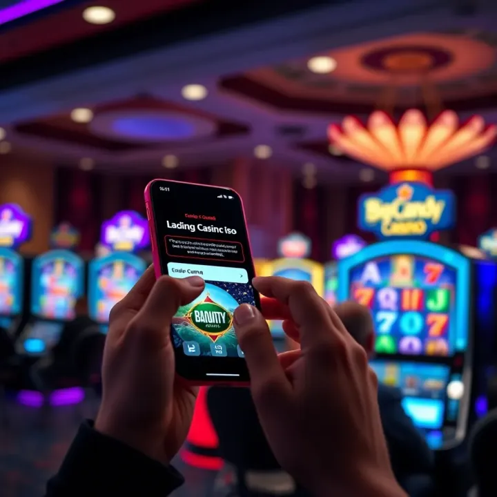 User navigating a mobile device to access Big Candy Casino and enter a bonus code securely