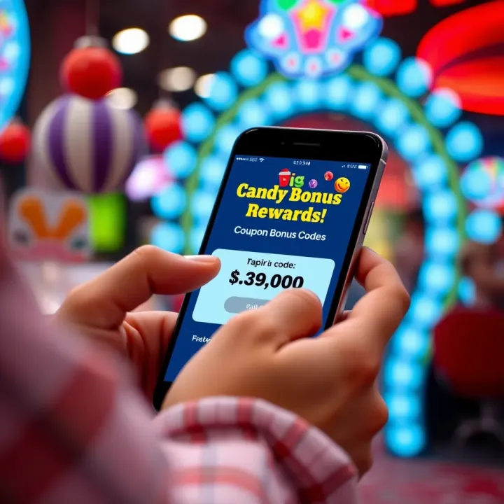 Illustration of a digital coupon code being applied on a mobile device for candy rewards
