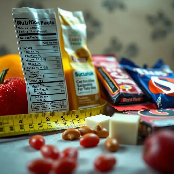 Nutritional information and portion sizes of big candy bars shown alongside fresh fruits and a measuring tape