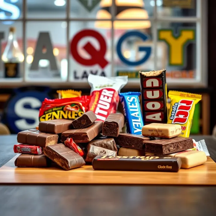 Assorted large chocolate bars with various fillings and packaging displayed on a wooden table