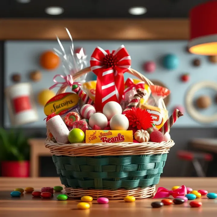 Colorful big candy basket filled with assorted sweets and decorative ribbons