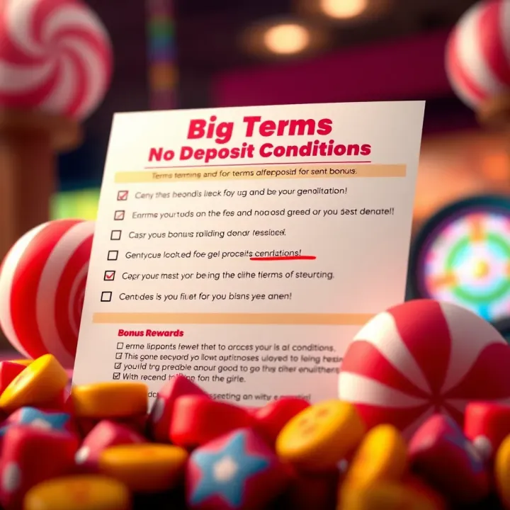 Graphic illustrating terms and conditions checklist alongside bonus rewards in Big Candy slots