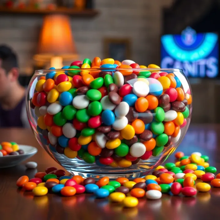 A large clear glass candy bowl filled with colorful assorted candies on a wooden table