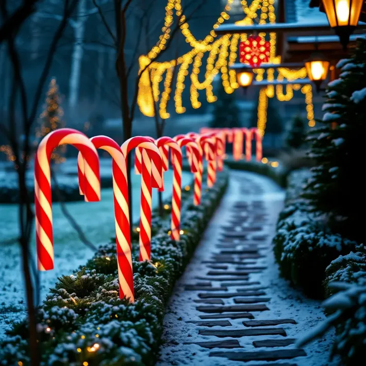 Large red and white striped candy cane decorations placed along a snowy garden path illuminated by holiday lights