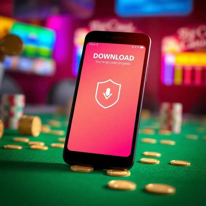 Illustration of a smartphone showing download progress for Big Candy Casino app with security shield icon