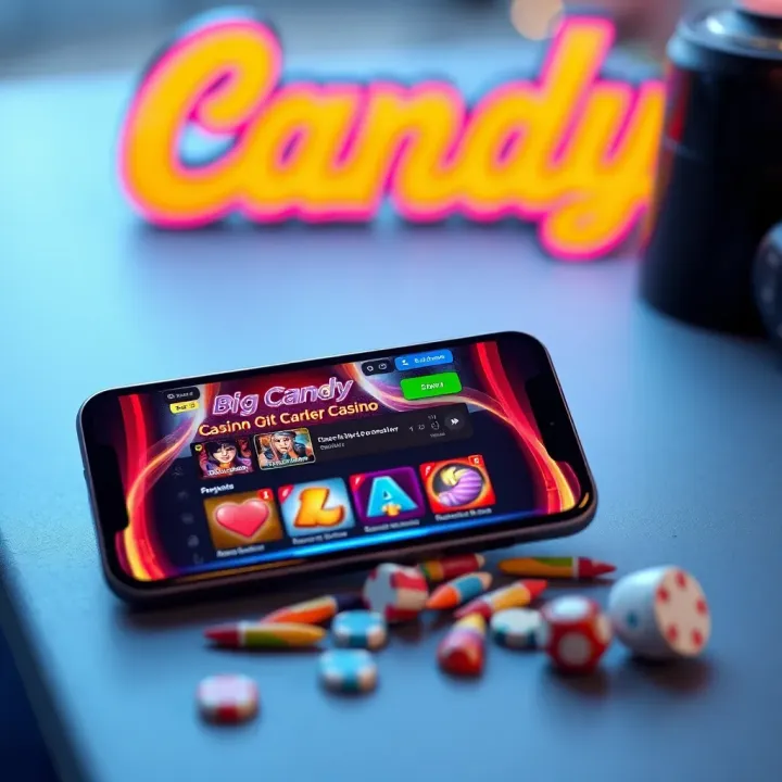 Mobile device displaying Big Candy Casino app interface with colorful game icons and user dashboard