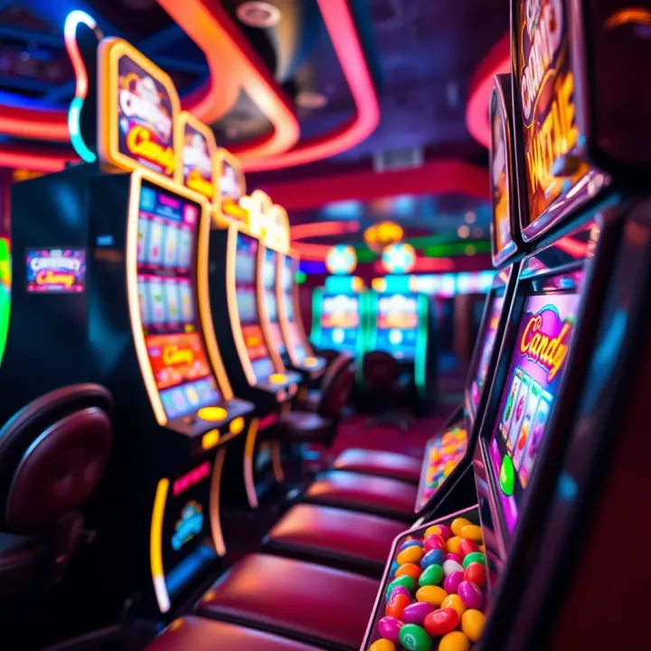 Colorful candy-themed slot machine with bright lights in an Australian casino
