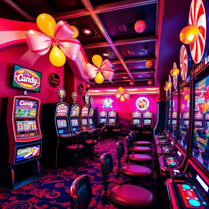 Casino floor decorated with candy motifs and vibrant gaming machines