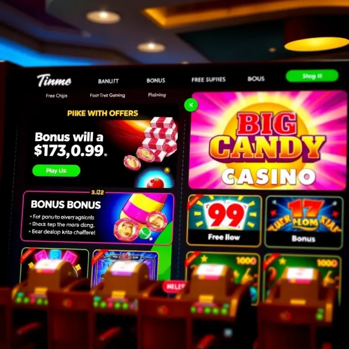 User interface of Big Candy Casino displaying bonus offers and free chip bonuses