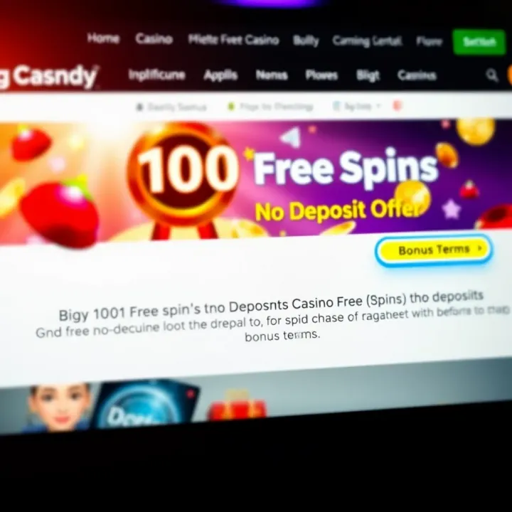 Close-up of a casino website interface showcasing the 100 free spins no deposit offer and bonus terms