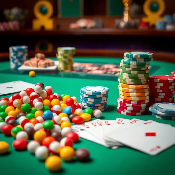 Colorful candy pieces arranged next to casino chips and playing cards on a vibrant table