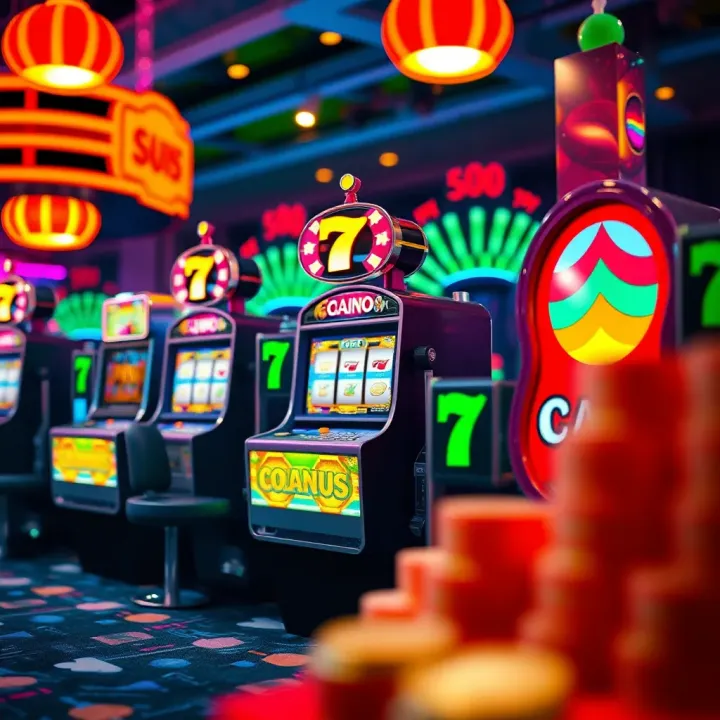 Bright casino-themed illustration with symbols of slot machines and coins representing bonuses
