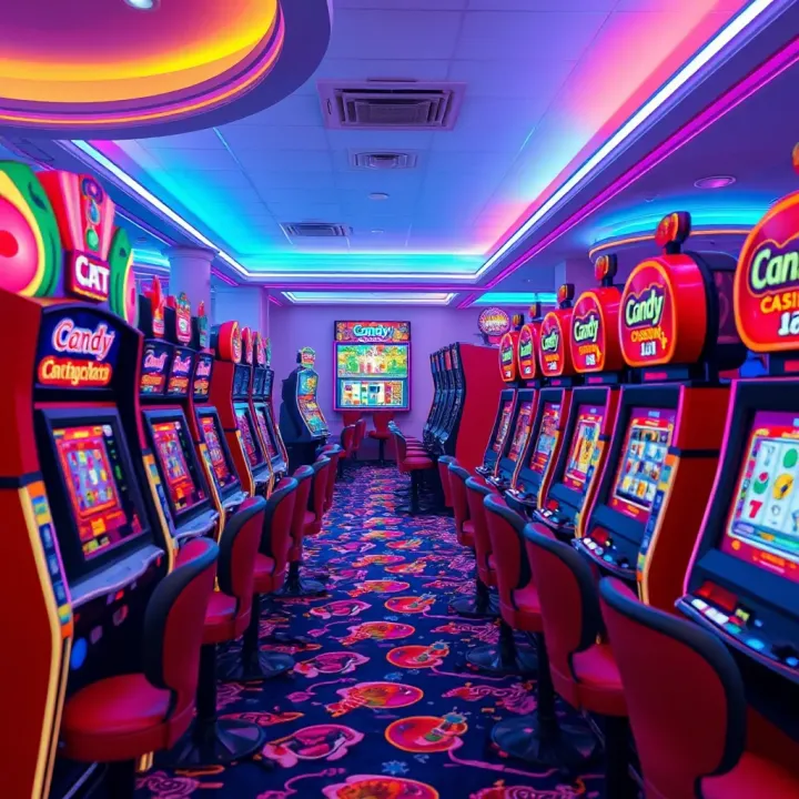 Colorful assortment of candy-themed casino slot machines in a vibrant gaming environment