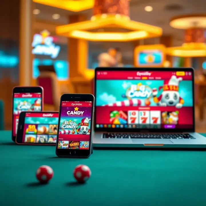 Various electronic devices including smartphone, tablet, and laptop showing Big Candy Casino website