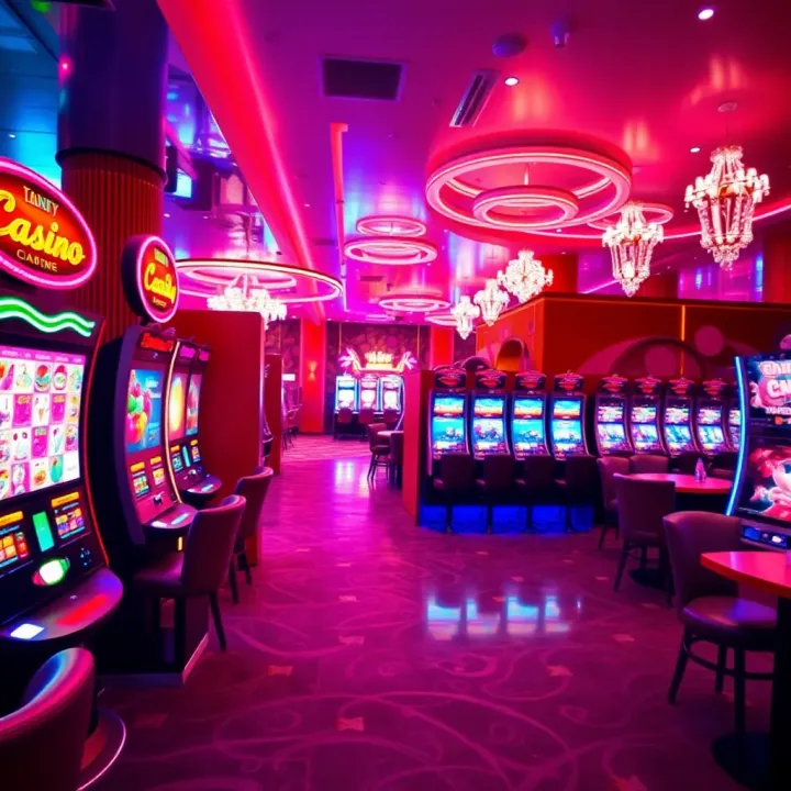 Interior design concept with bright candy displays integrated into a modern gaming lounge setting