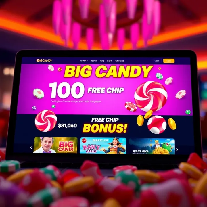 Screenshot showing the homepage of A Big Candy Casino highlighting the 100 free chip no deposit bonus offer for USA players