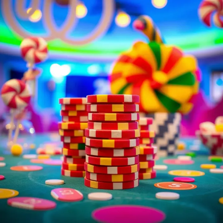 Bright casino chips stacked on a colorful table with candy-themed decorations