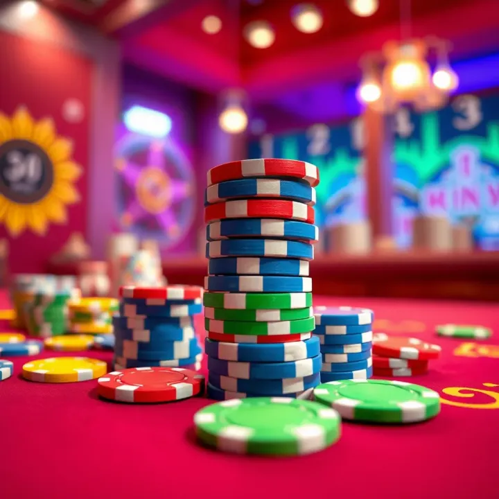 Colorful casino chips stacked on a vibrant gaming table with a candy-themed background