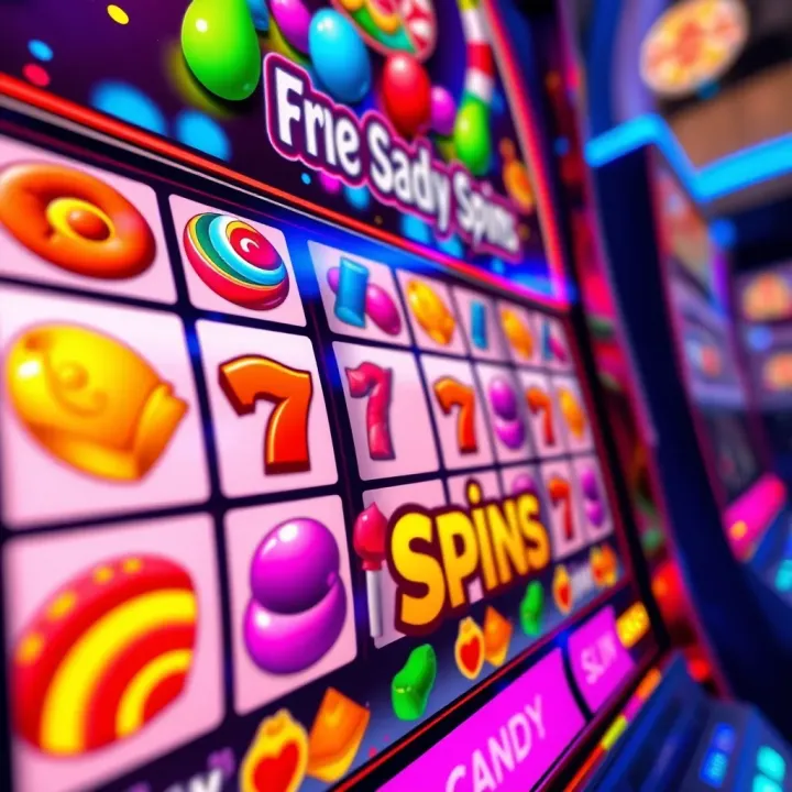 Colorful digital slot machine reels displaying vibrant candy-themed symbols and bright lights