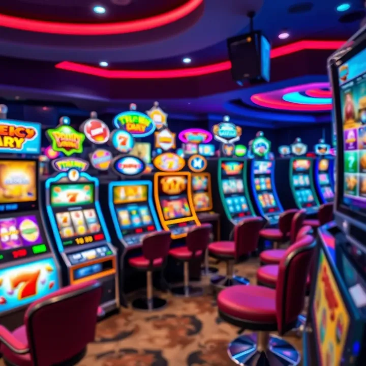 Colorful casino game screen displaying a variety of slot machines and table games
