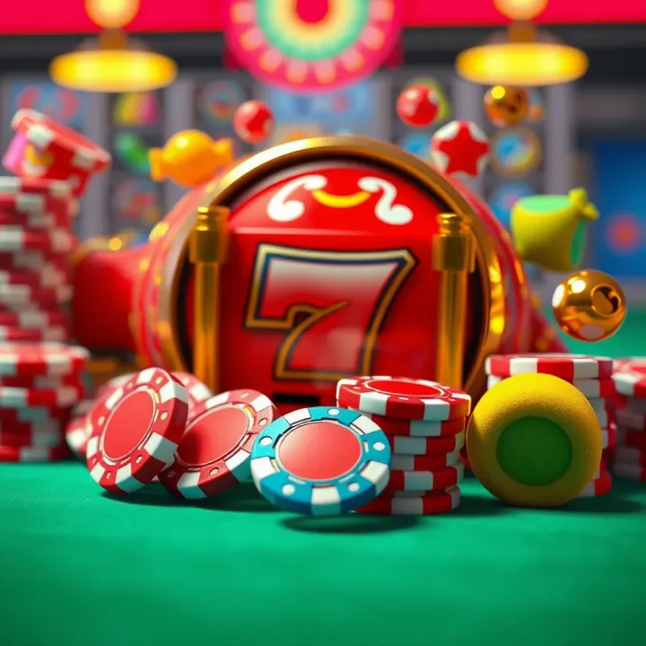 Bright candy icons surrounding classic casino game elements like slot reels and poker chips