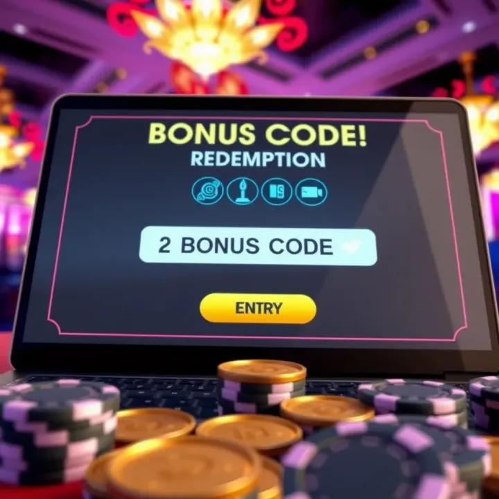 Digital interface showing a bonus code entry field with casino chips and coins around
