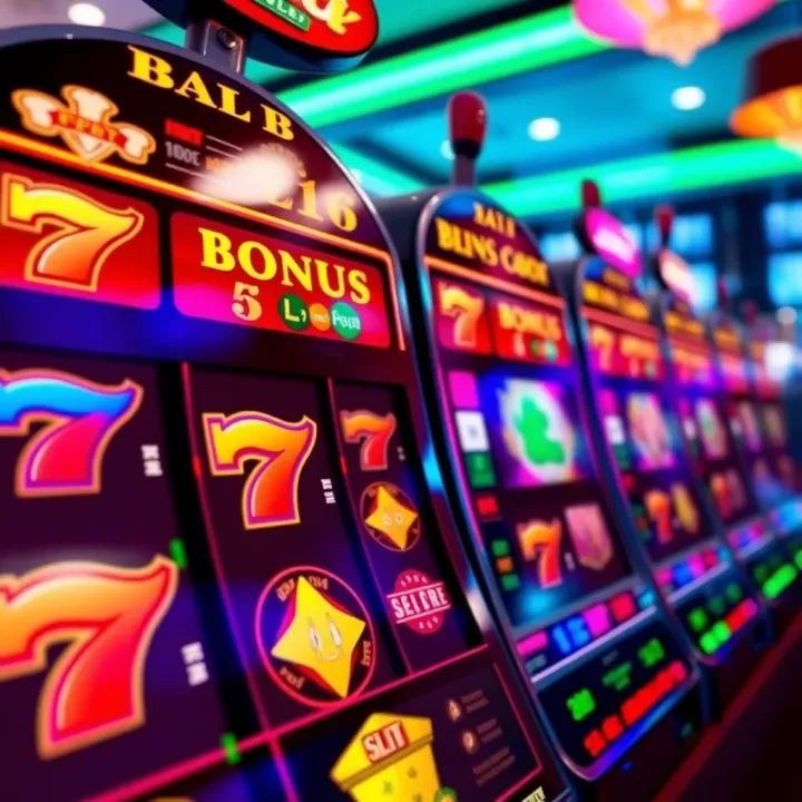 Slot Machine Highlighting Bonus Code Rewards Colorful slot machine reels displaying winning symbols with vibrant casino background