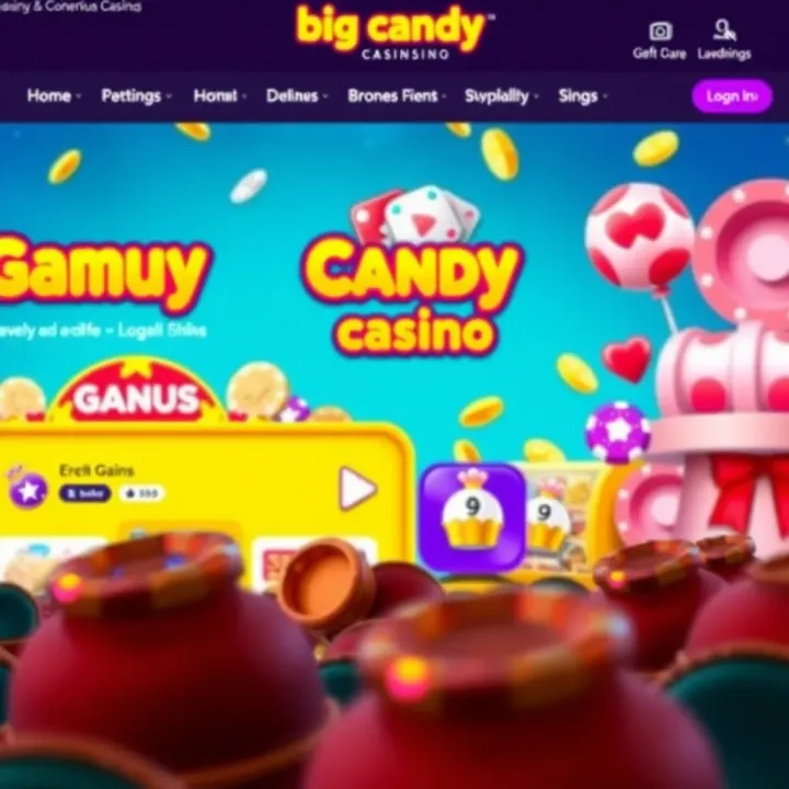 Big Candy Casino Homepage Highlighting Login and Bonus Features Bright and colorful Big Candy Casino homepage showcasing games and login options