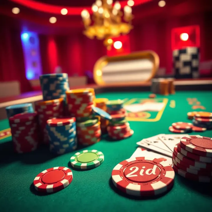 Colorful casino chips and playing cards on a vibrant gaming table
