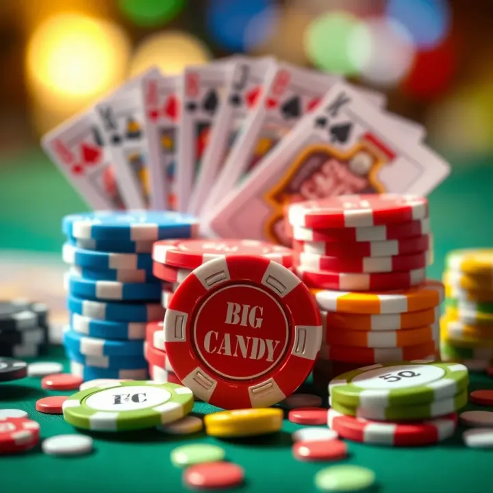 Colorful casino chips and cards representing bonus rewards at Big Candy Casino