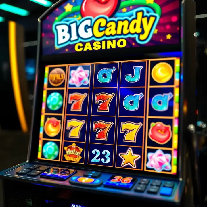 Digital Slot Machine Highlighting Big Candy Casino Game Selection Illustration of a digital slot machine screen with bright symbols and winning lines