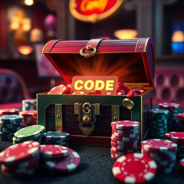 Illustration showing a treasure chest filled with casino chips and a glowing code card symbolizing no deposit bonuses at Big Candy Casino