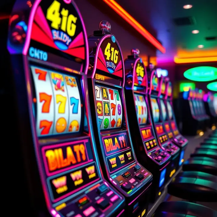 Colorful slot machine reels displaying various symbols with bright lights