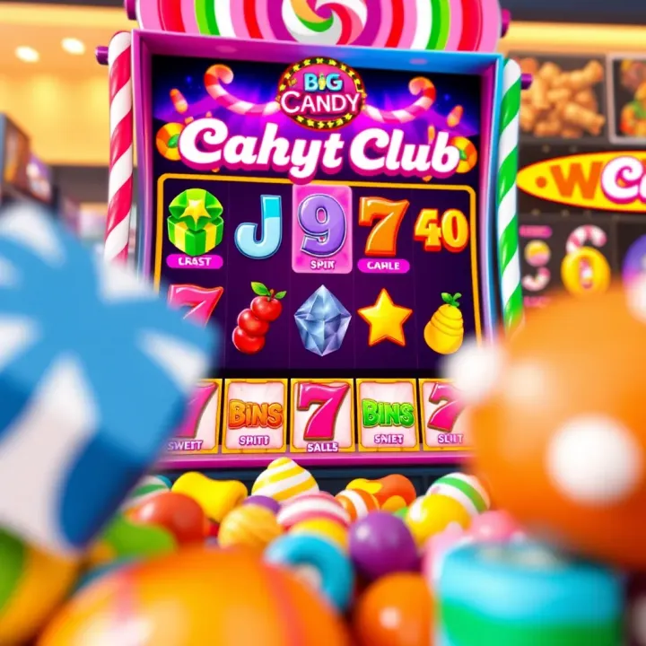 Colorful candy-themed slot game screen with vibrant sweets and bonus symbols