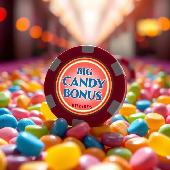 Colorful candy pieces surrounding a glowing casino chip symbolizing rewards