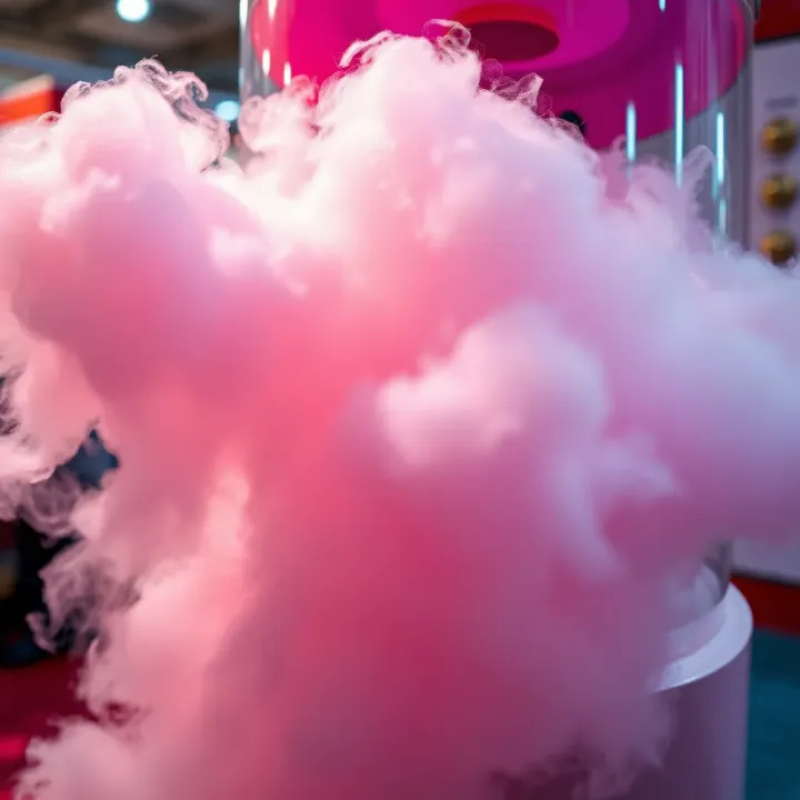 Close-up of a large candy floss machine spinning pink sugar into fluffy cotton candy