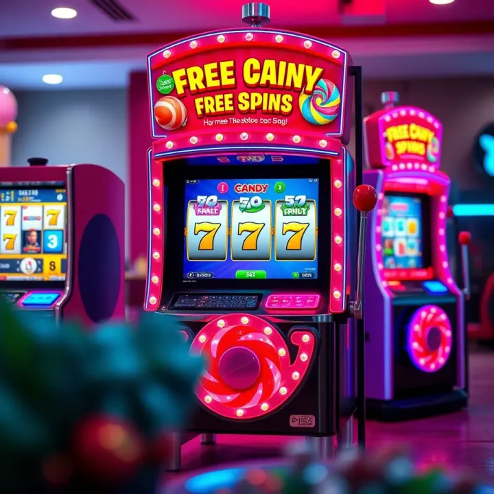 Bright colorful candy-themed slot machine showcasing free spins feature