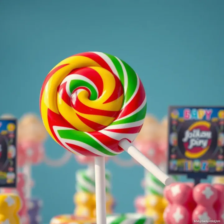 A colorful oversized candy lollipop with vibrant swirls of red, yellow, and green on a white stick displayed against a bright background