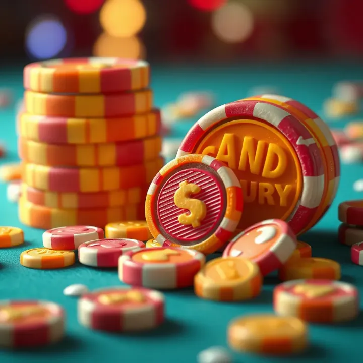 Conceptual graphic showing candy pieces shaped like coins symbolizing casino bonuses