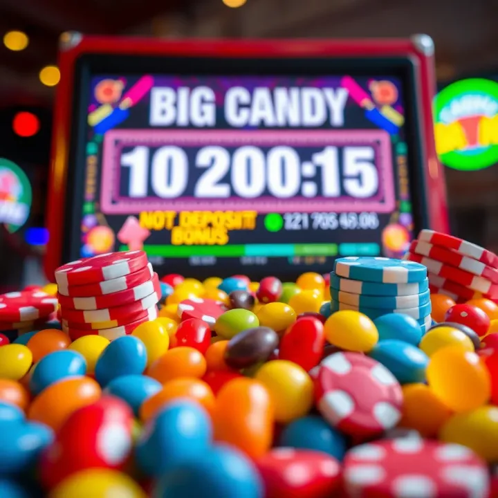 Bright colorful candies with casino chips and a digital bonus code displayed on a screen
