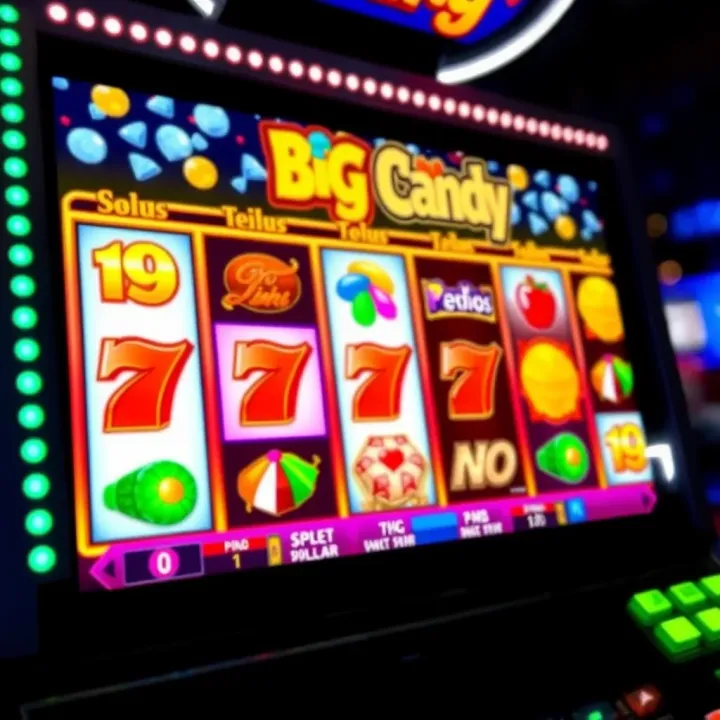 Colorful Big Candy slot machine reels with bonus symbols highlighted on the screen