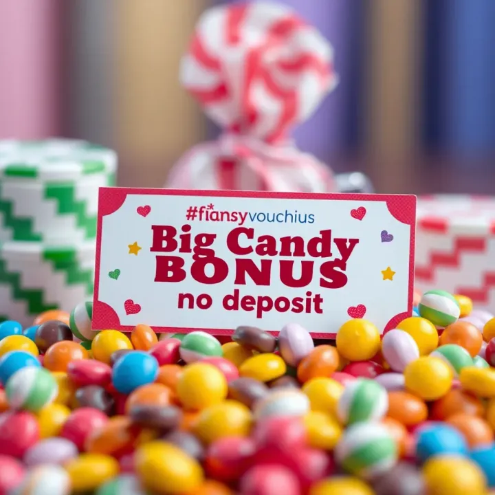 Big Candy No Deposit Bonus Voucher Surrounded by Candy Colorful candy pieces surrounding a bright bonus voucher