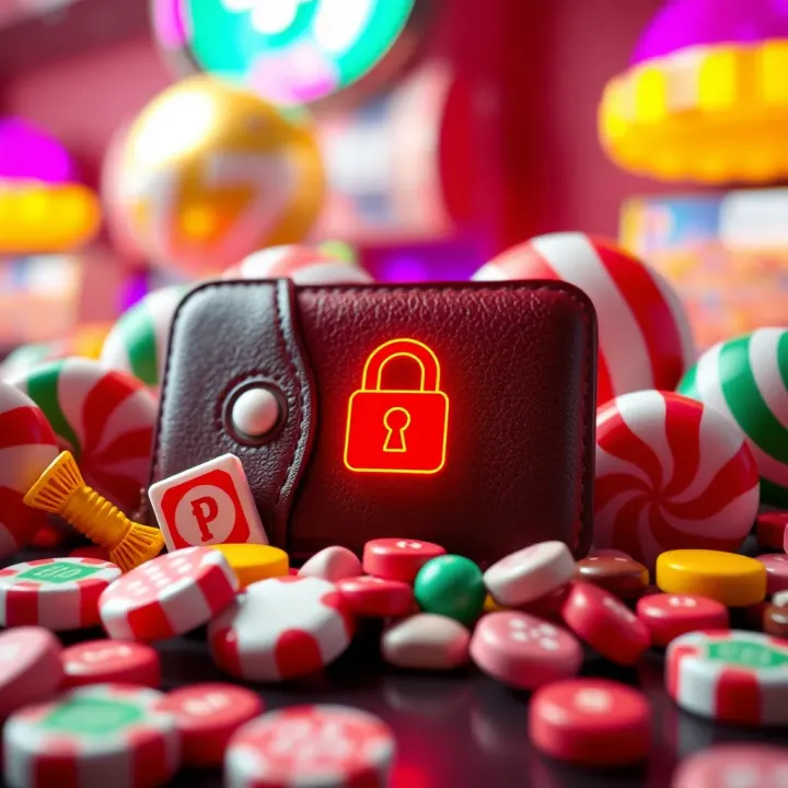 Digital wallet and secure payment icons surrounded by candy elements representing safe and convenient payment options