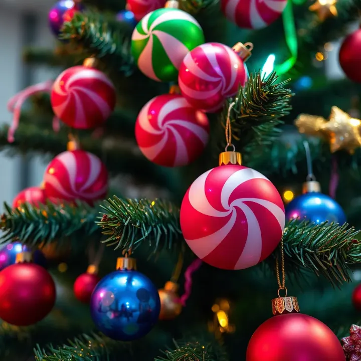 Christmas tree decorated with large candy-shaped ornaments in vibrant colors