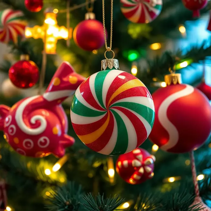 Colorful oversized candy-shaped ornaments hanging on a decorated Christmas tree with twinkling lights